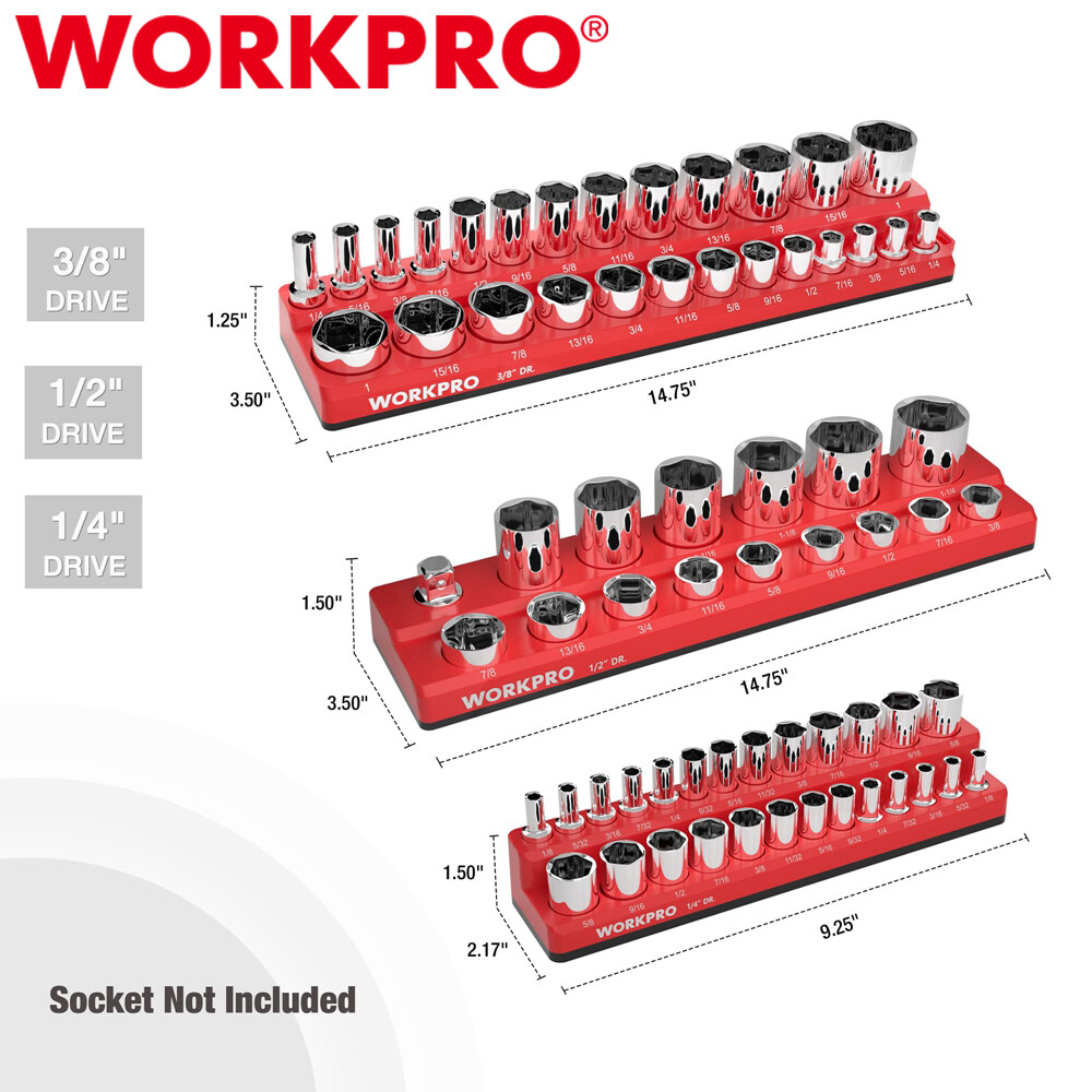 WORKPRO 3PCS Magnetic Socket Organizer Set SAE 1/4" 3/8" 1/2" Drive Socket Trays