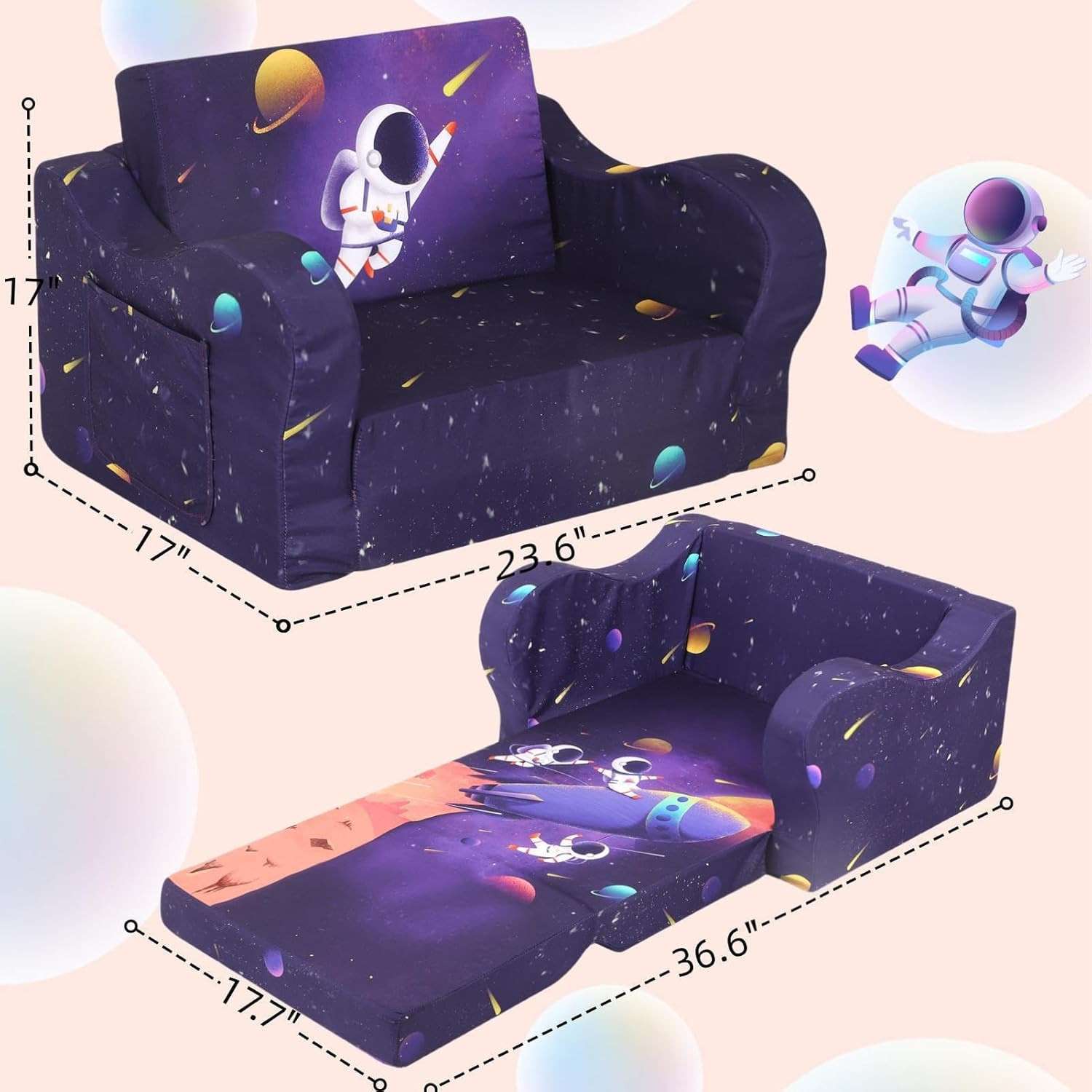 Kids Sofa, 2-In-1 Flip-Out Foam Couch, Foldable Soft Play Lounge Chair, Dark Pur
