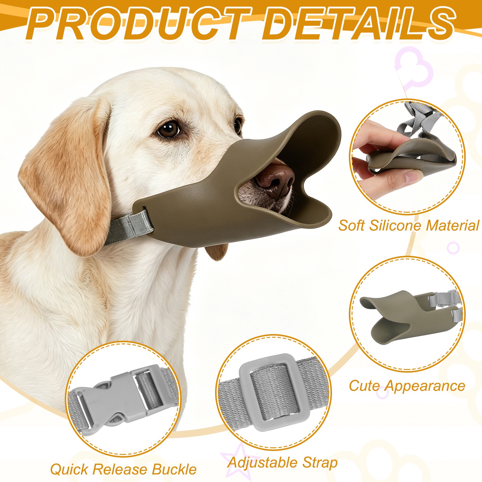 Silicone Dog Muzzle, Soft Silicone Mouth Cover with Adjustable Strap (Brown, L)