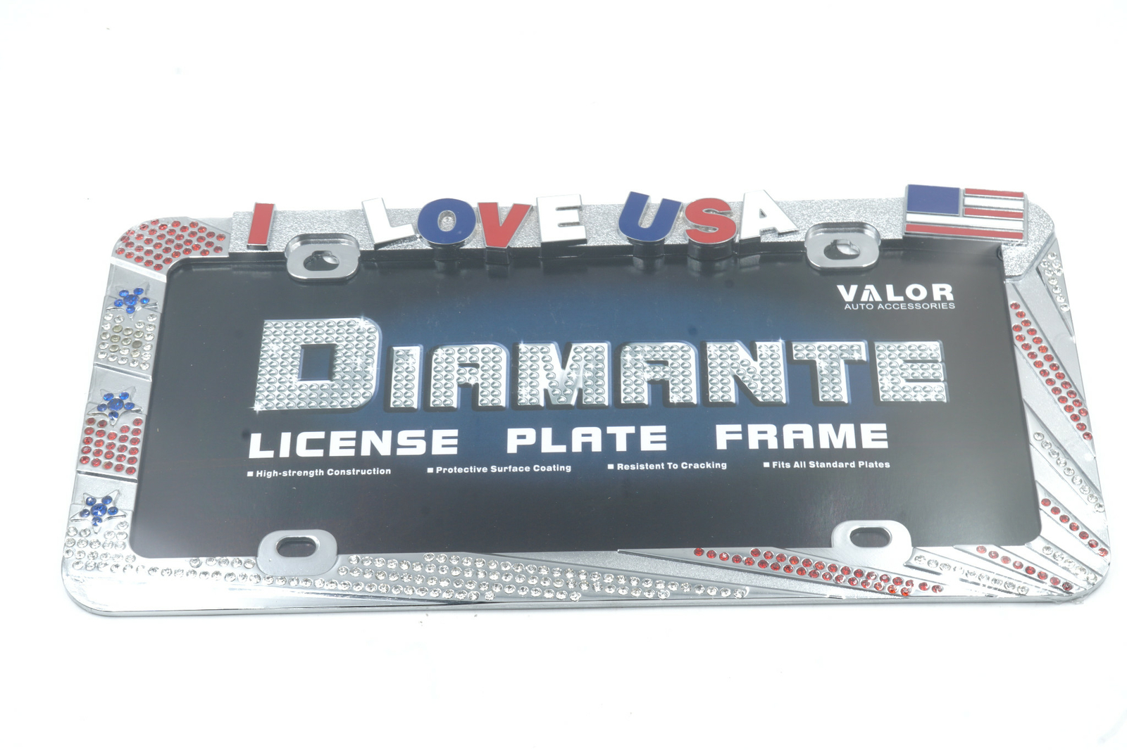 Valor I Love USA Diamante Crystals Chrome Metal Auto Car License Plate Frame