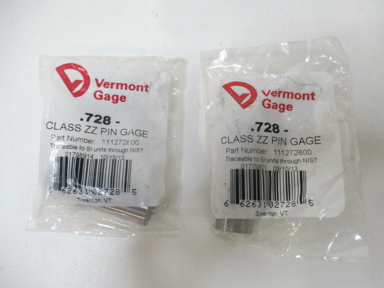 Vermont Gage (111272800) 0.728" Tolerance Class ZZ Steel No-Go Pin Gage - Qty 2