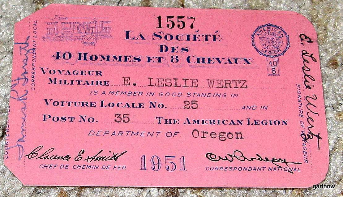 WORLD WAR I VET 40/8 MEMBERSHIP CARD 1951 SOCIETE DES 40 HOMMES ET 8 CHEVAUX