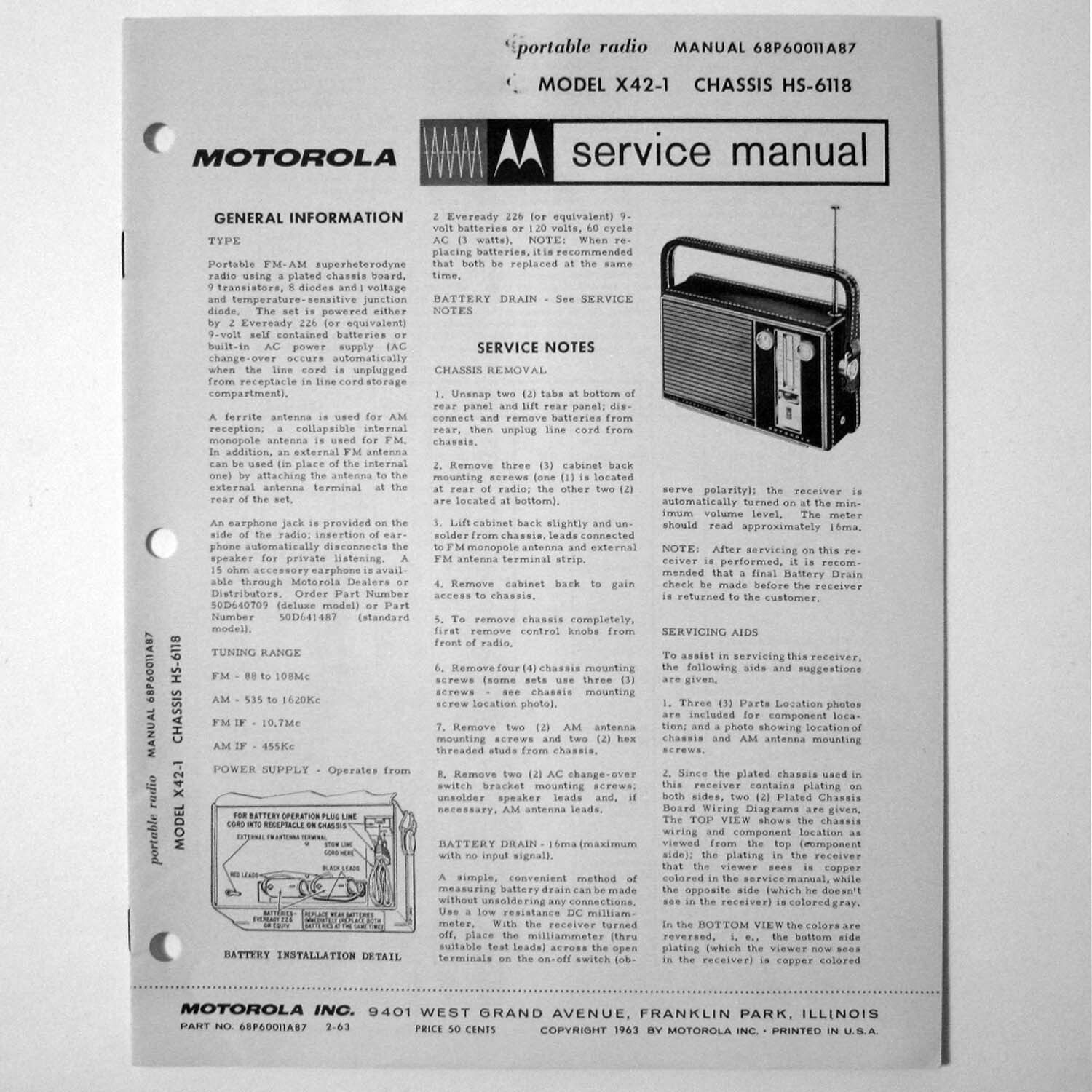 Motorola ® Model X42-1 Portable Transistor Radio Service Manual © 1963