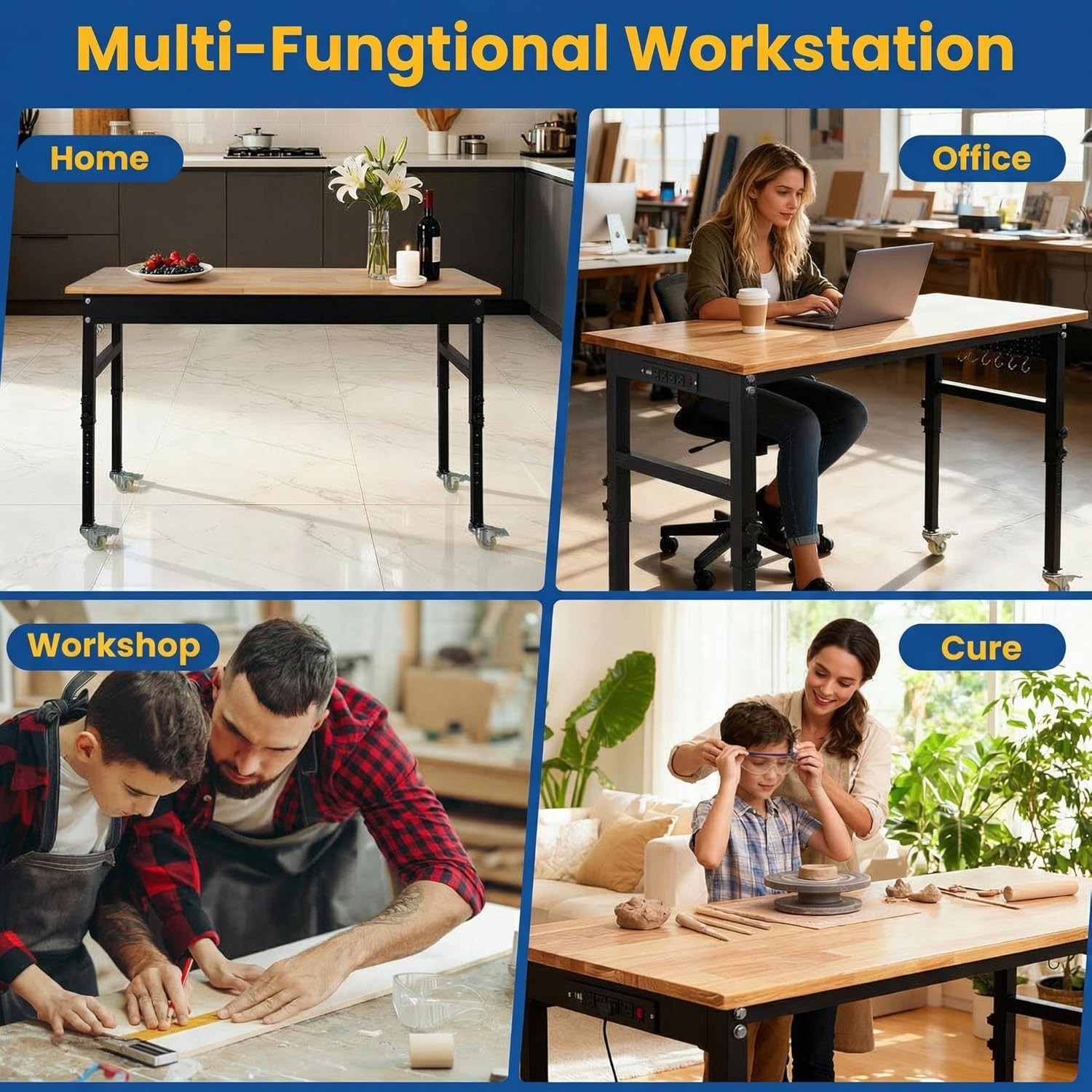 60" Adjustable Work Bench, Workbench Heavy-Duty Work Table for Garage, Workshop