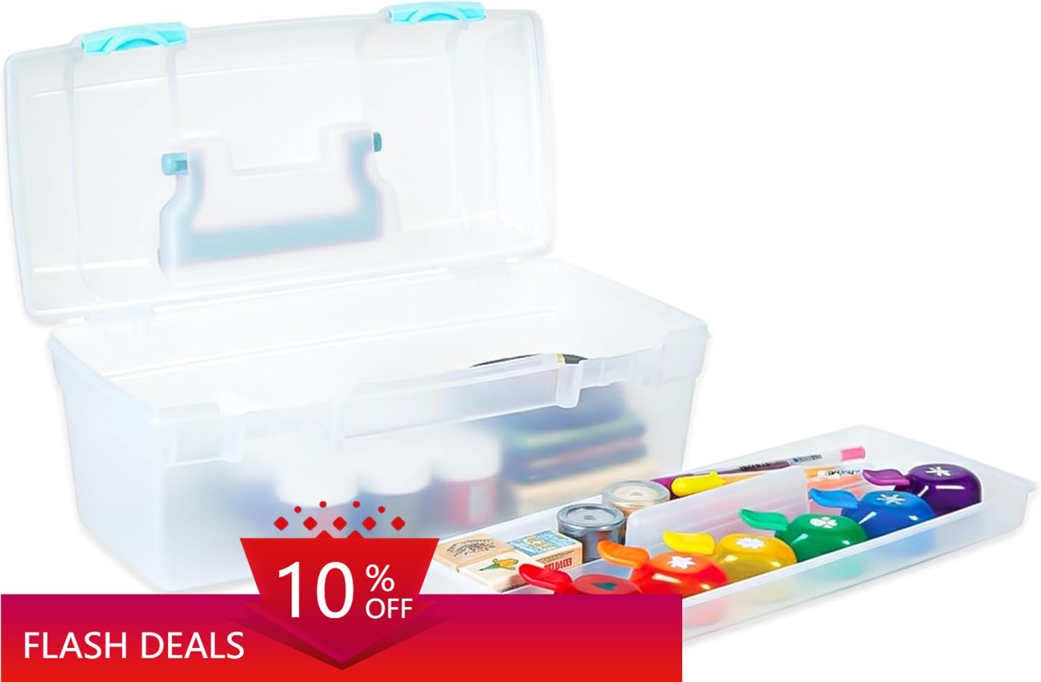 Portable Art Supply Organizer (with Handle and Tray), Clear/Aqua Blue
