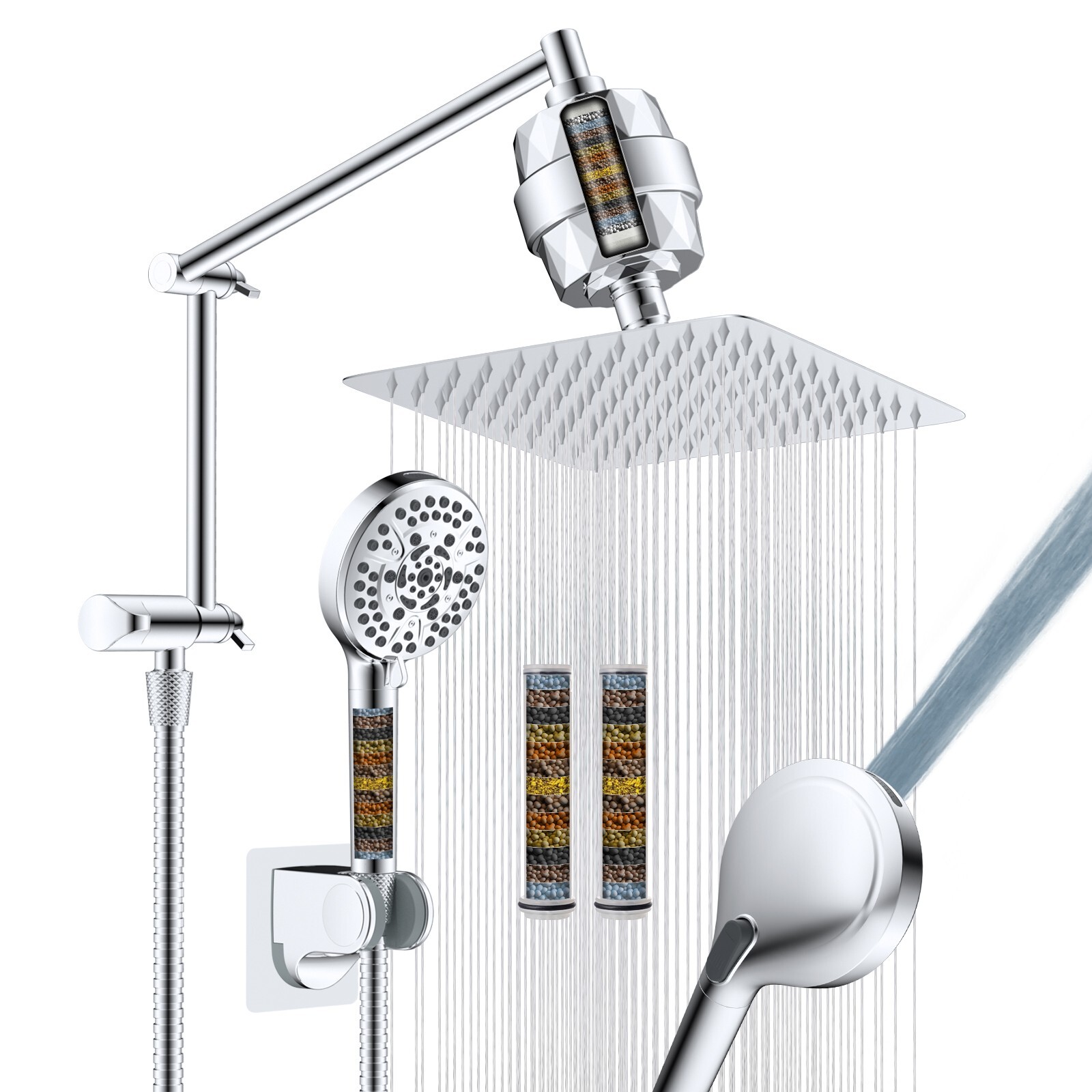 Rain Filtered Shower Head 10'' High Pressure Rainfall Shower Head Adjustable
