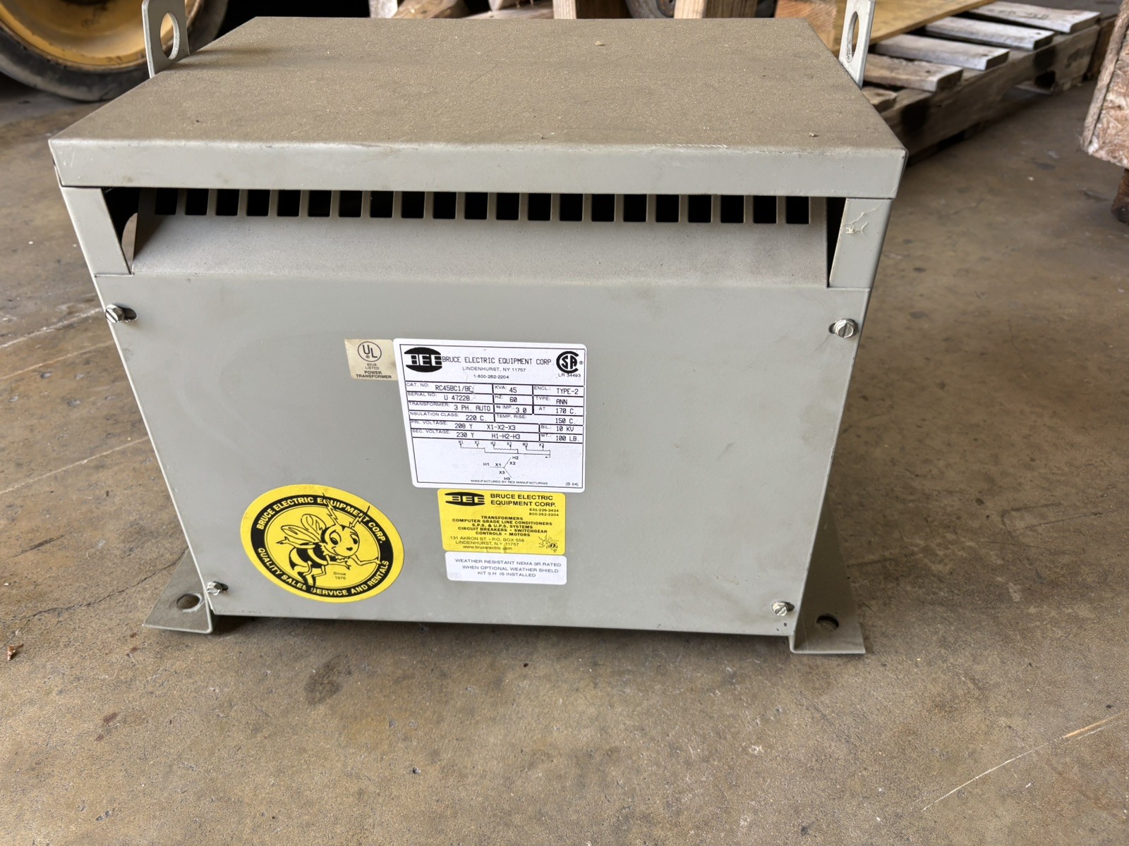 45 KVA 3-Phase Auto Transformer Pri 208Y Sec 230Y Rex Manufacturing BEE 100 LBS