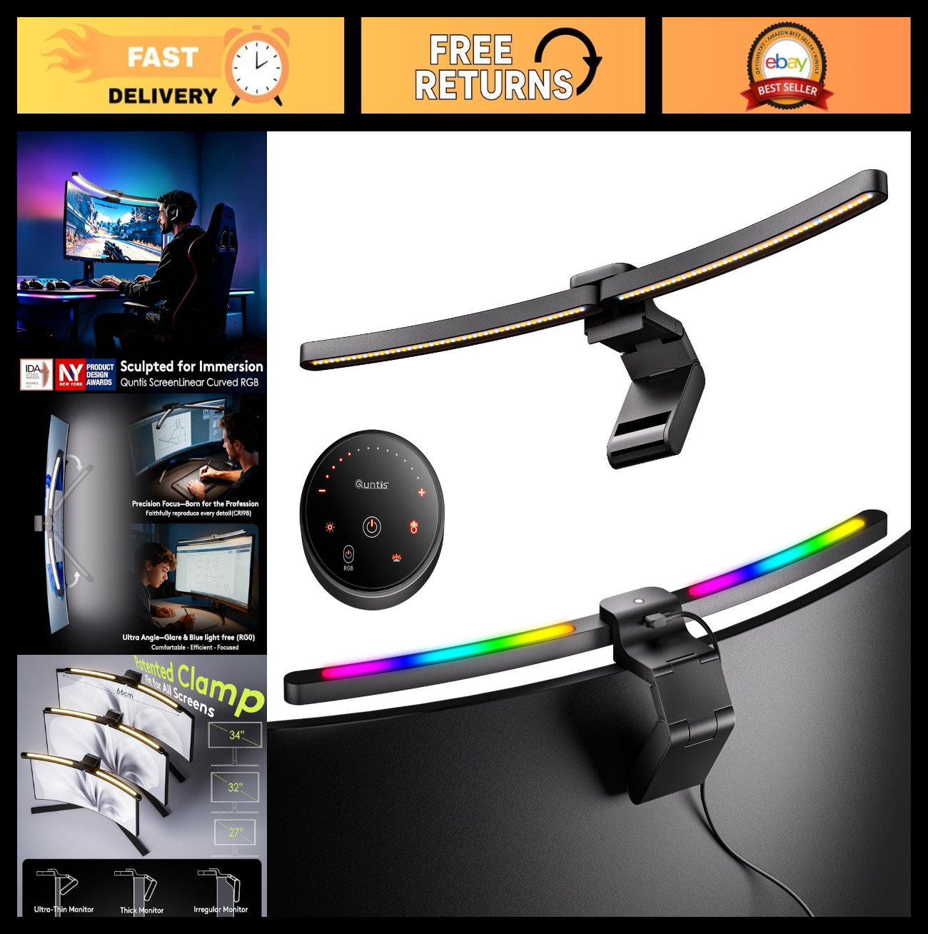 Curved Monitor Light Bar 15 RGB Backlight for 34"+ Screens, Dual Fold Desk Lamp,