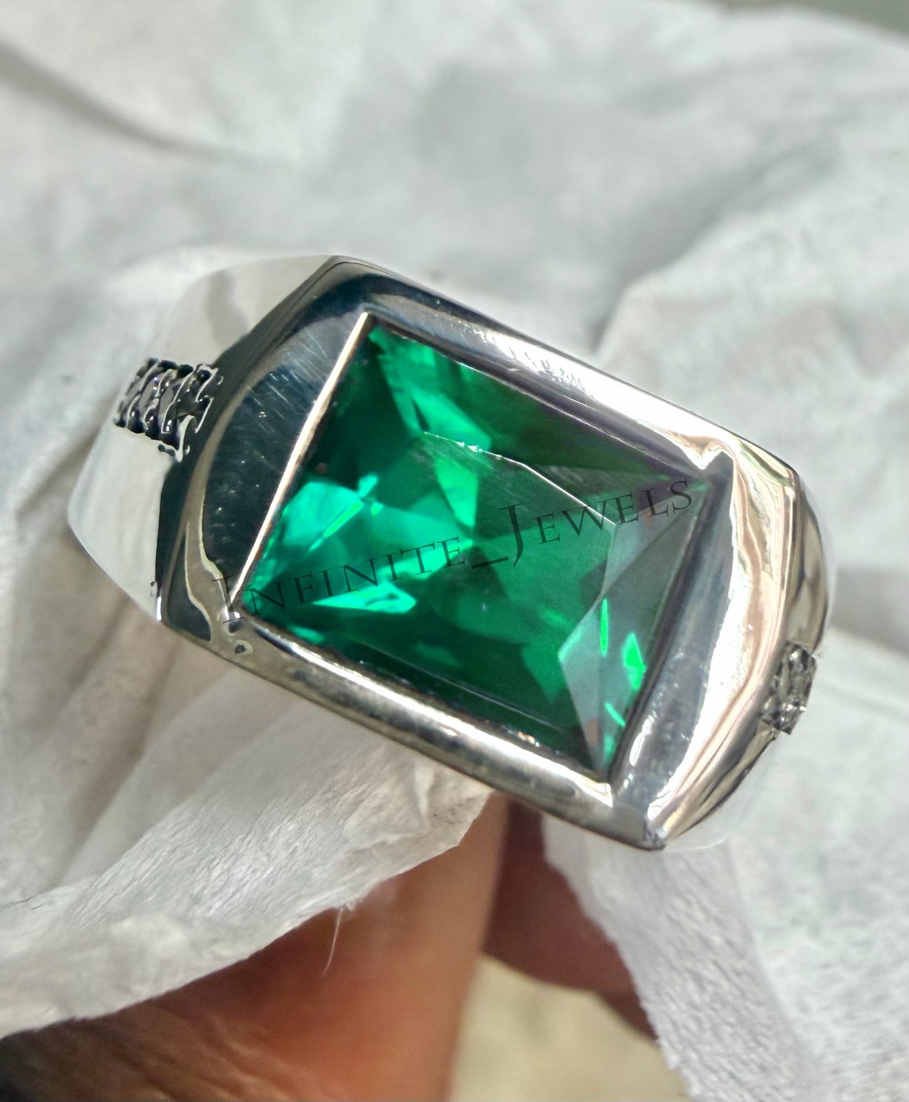 Green Emerald Gemstone Ring For Men's With 925 Sterling Silver Emerald Cut Ring