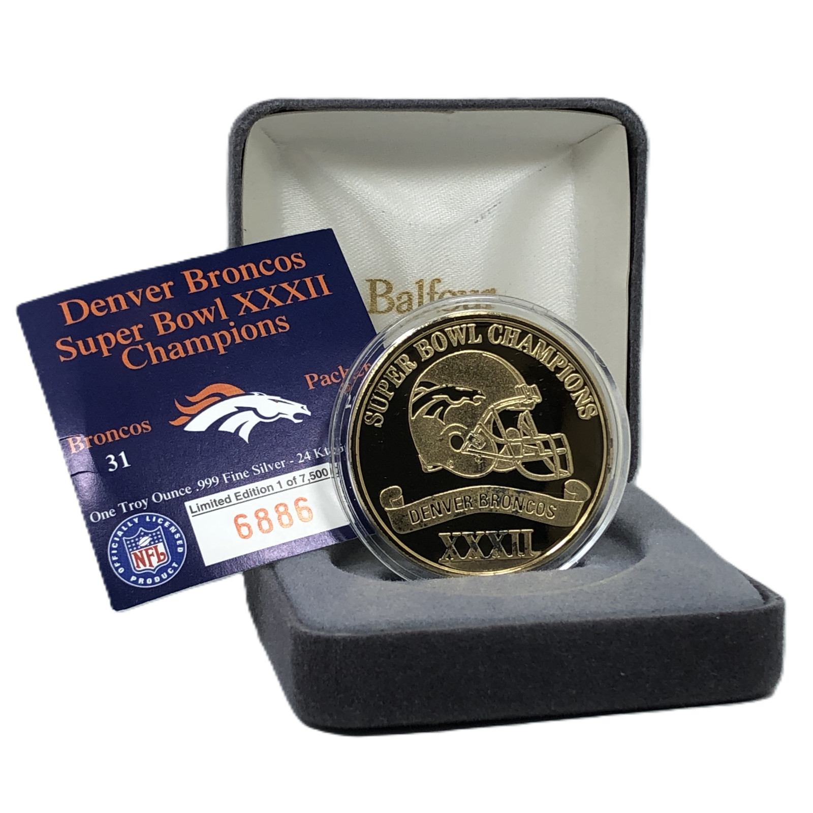 Denver Broncos 1 Oz Super Bowl XXXII Champions 1998 Balfour .999 Silver Round GP