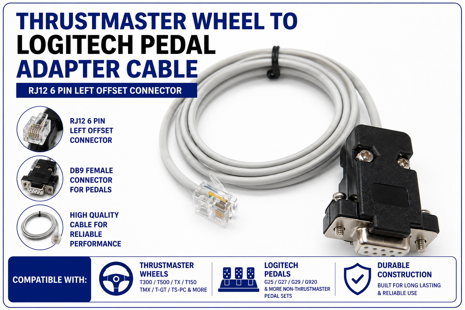LOGITECH G920 G923 G29 PEDAL TO THRUSTMASTER  WHEEL ADAPTER CABLE
