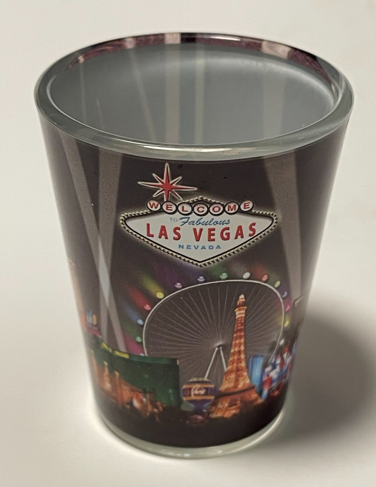 Las Vegas Casino Hotels Night Scene Shot Glass Whiskey 2 Ounces MGM Caesars