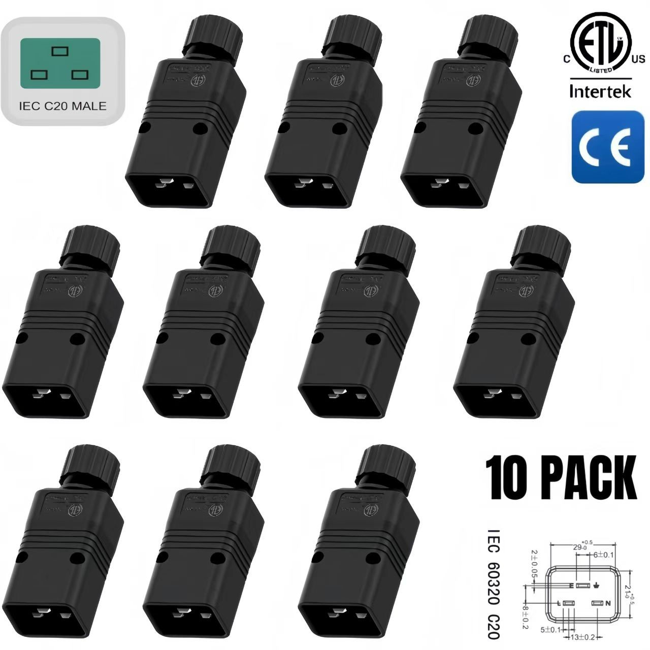 10PACK IEC 320 C20 UPS/PDU Replacement Cord End Male Plug Connector ETL Verified