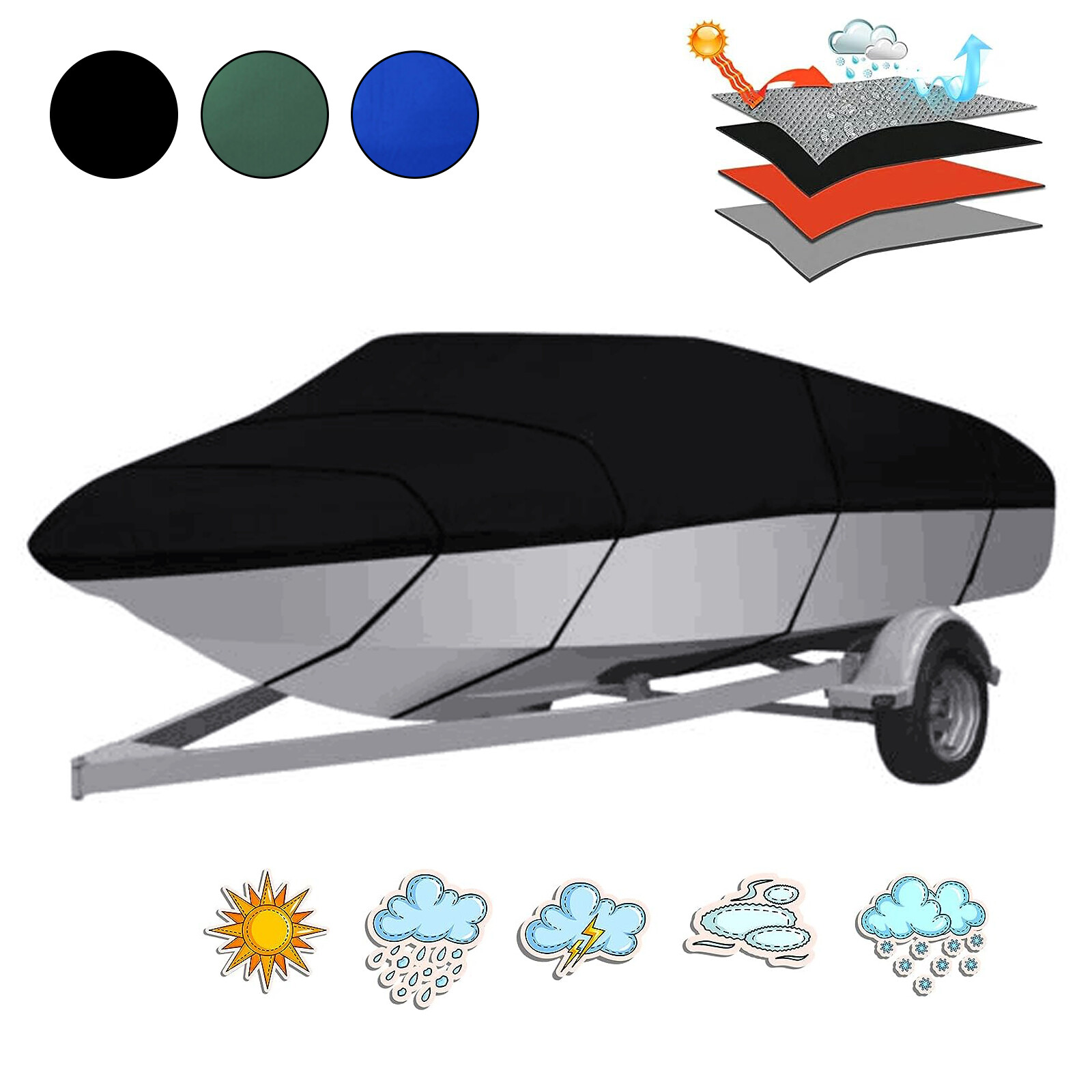 11ft-22ft Heavy Duty Boat Cover Fits V-Hull Fish&Ski Boat All Weather Resistant