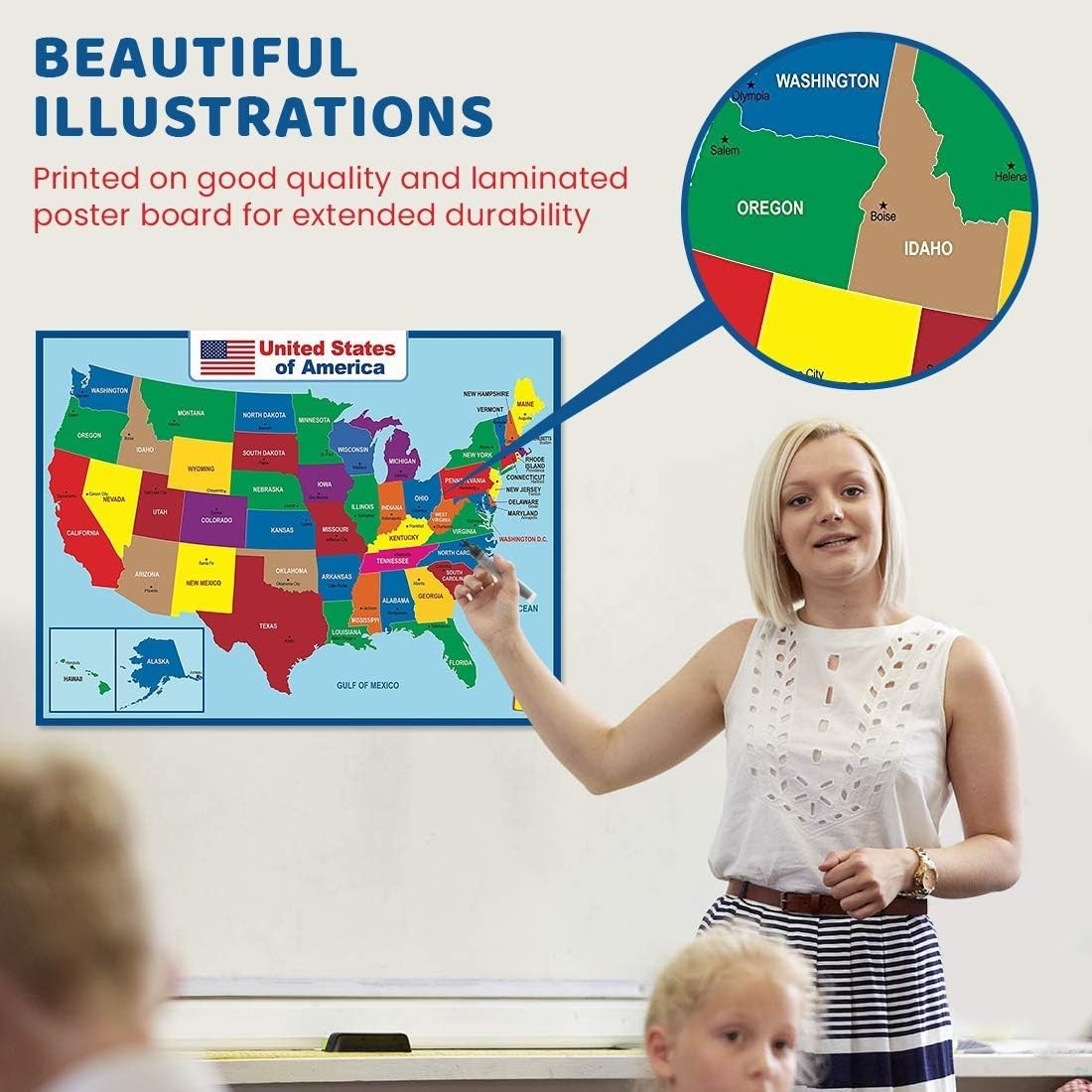 United State Map Laminated Poster -Double Side 18 x 24 Inch, Multicolor