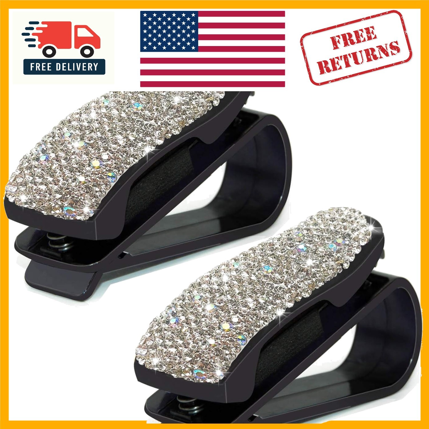 Bling Crystal Car Glasses Holder - Stylish Sunglass Clip for Women (2 Pack)