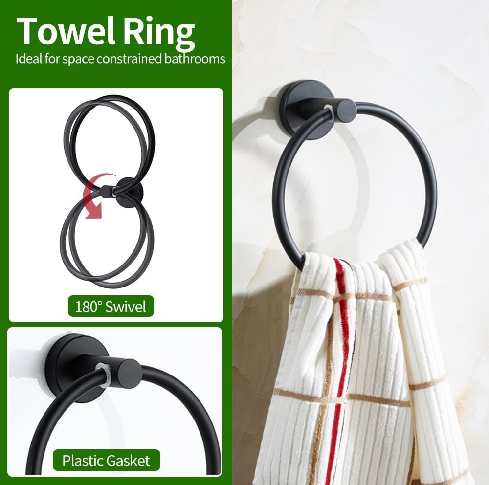 Bathroom Hardware Set, 5 Pc, 16" Black, Towel Bar Ring Holder, Robe Hooks