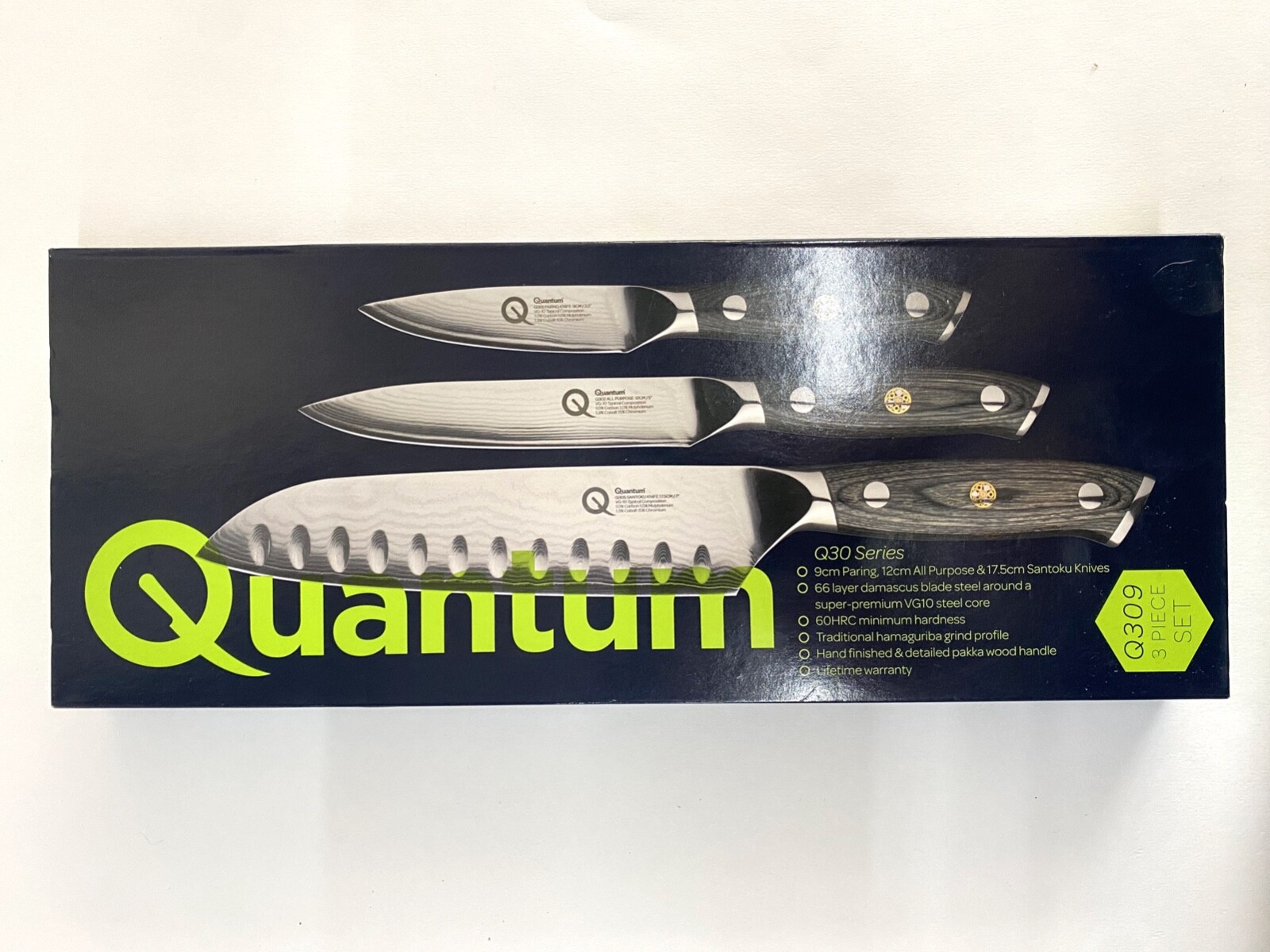 Brand New inbox Q309 Quantum 3 piece set knives Damascus Steel pakka wood handle
