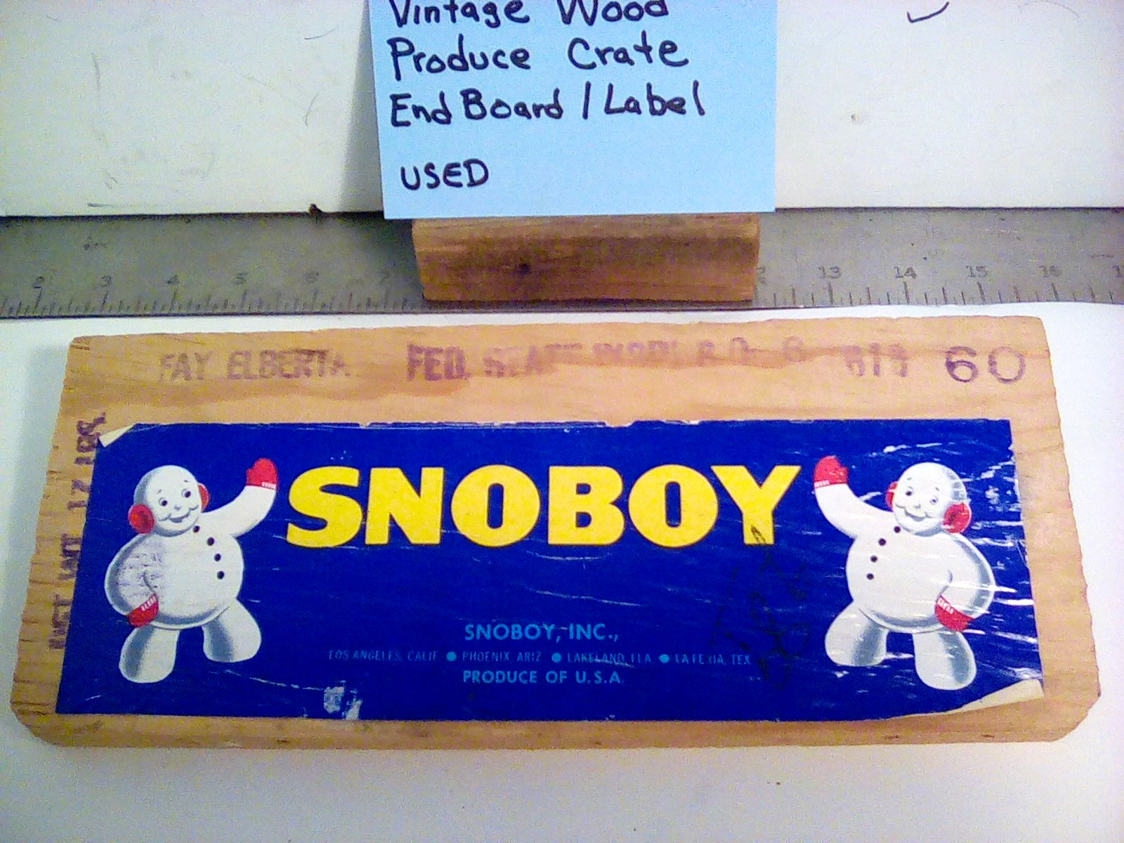 VINTAGE PINE PRODUCE CRATE END BOARD AND LABEL FOR SNOBOY FRUIT CORP., USED