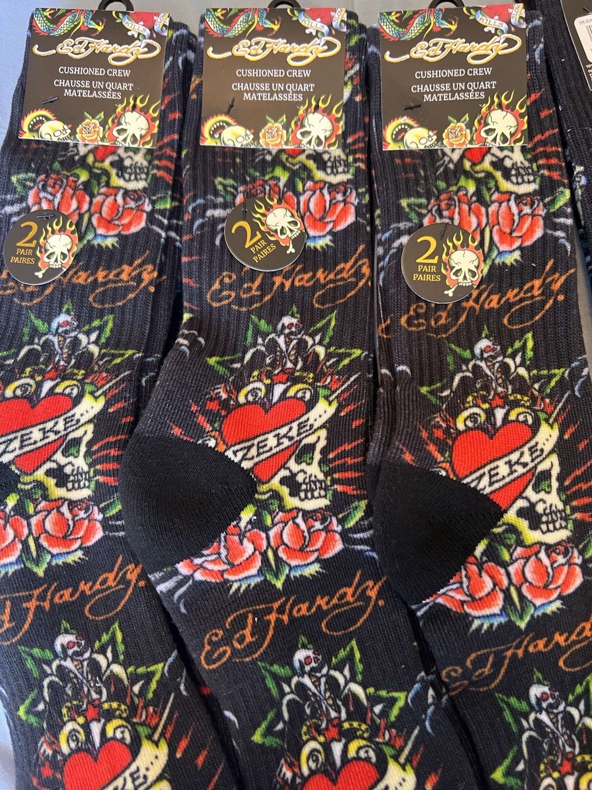 Ed Hardy Mens 2 Pairs Cushioned Crew Socks Black Skull & Tiger Men Size 6-12
