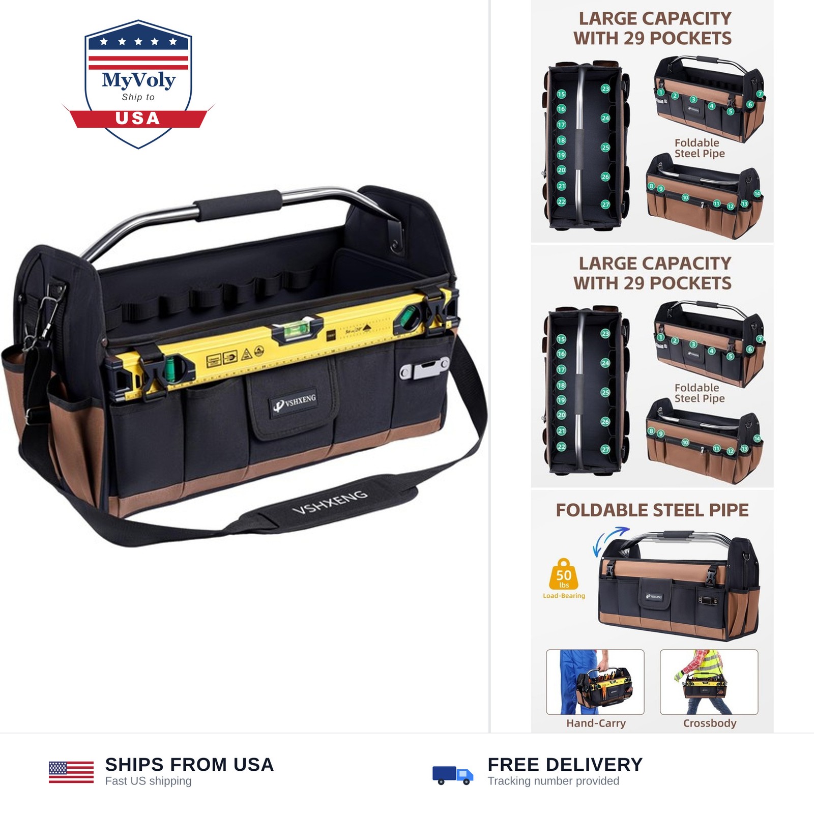 22 Inch Tool Bag, Foldable 19 Pockets Tool Tote Bags with Tool Organizer with...