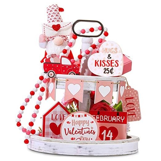10 Pieces Valentine Tiered Tray Decor Set Pink Truck Heart Love Wooden