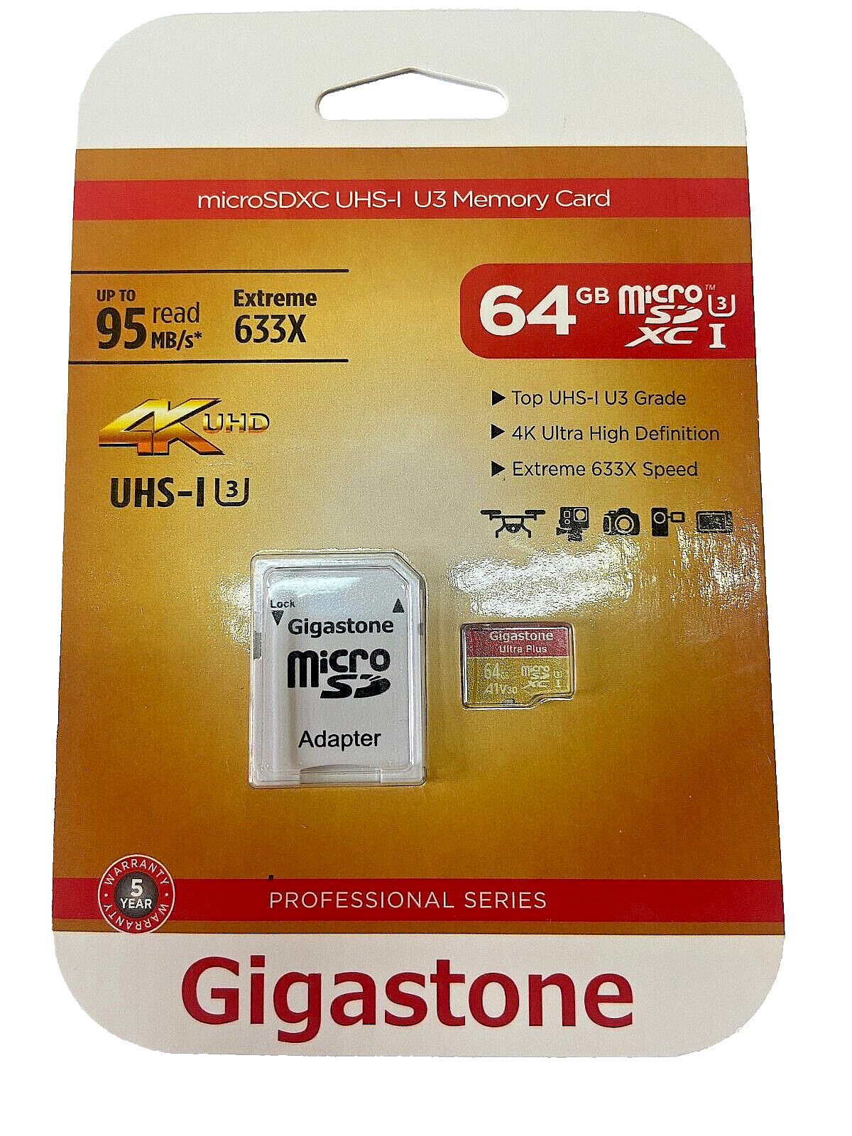 Gigastone microSDXC UHS-I U3 Memory Card & SD Adapter - 64GB