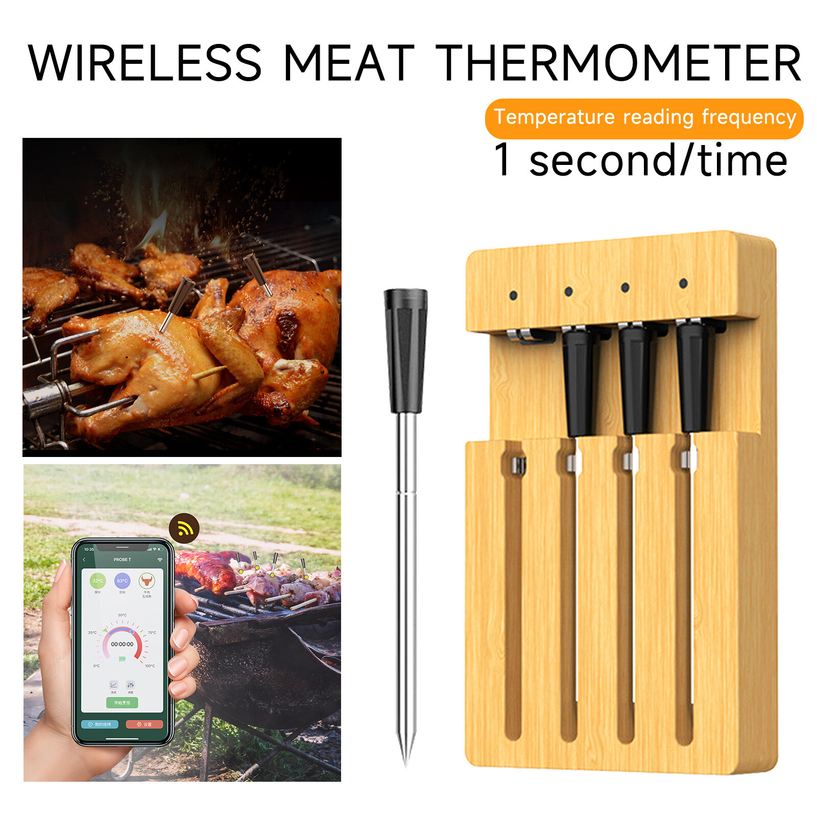 Wireless 4 Probe Digital Bluetooth Smart Meat Thermometer For Oven Grill BBQ