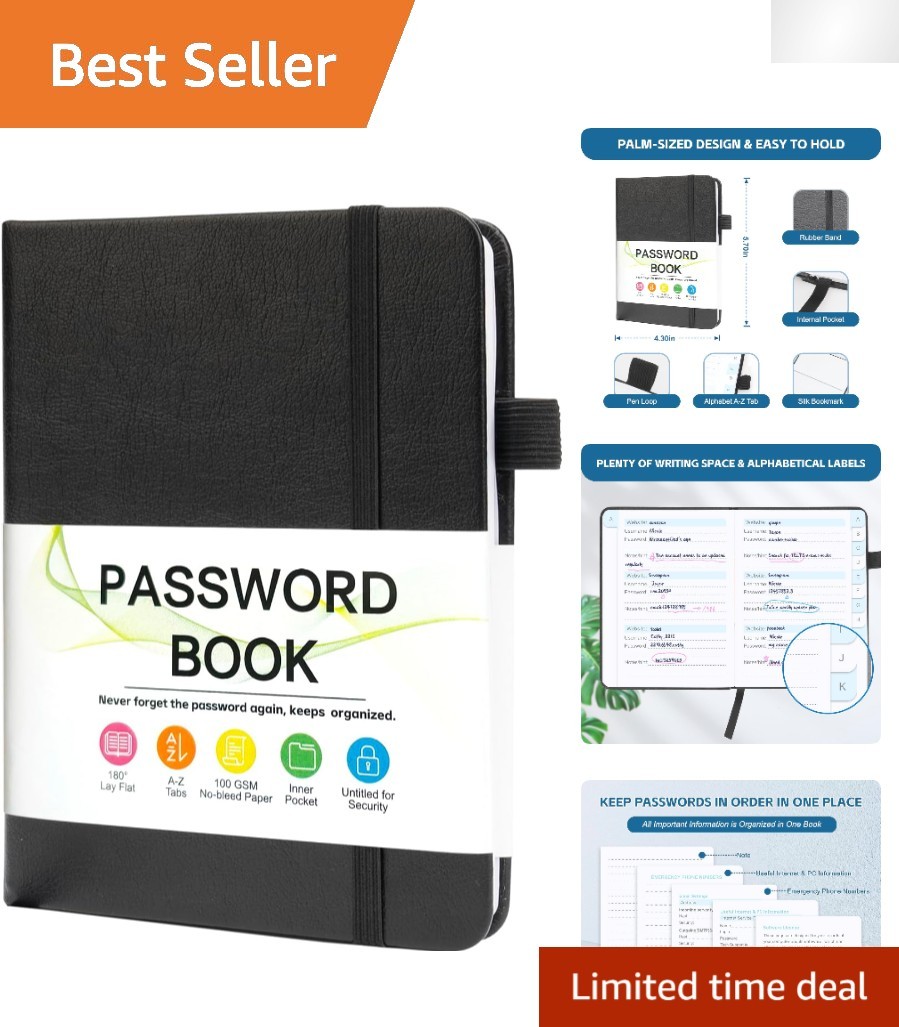 Elegant Portable Password Keeper Book with Alphabetical Tabs - 4.3"x5.7" Black