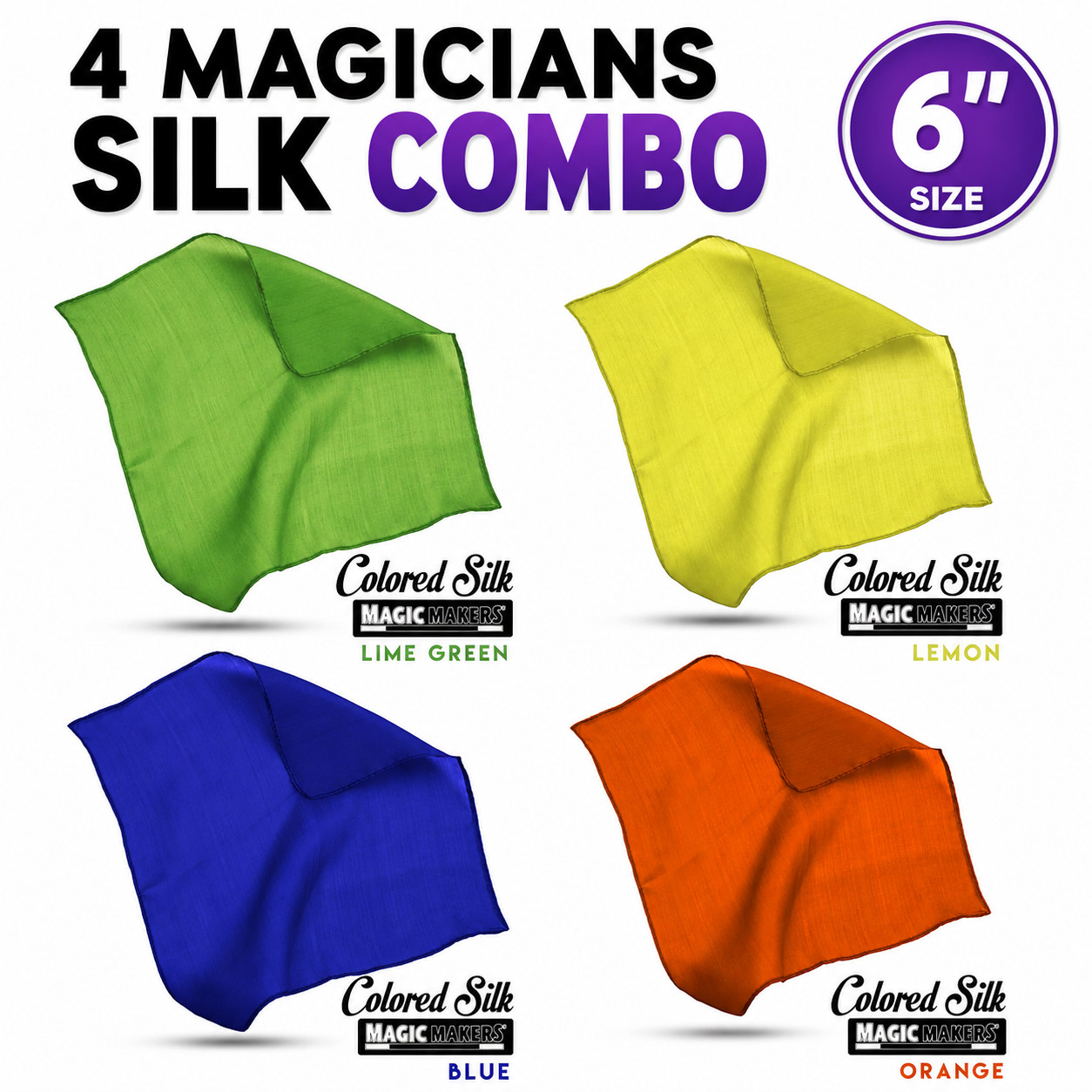 Deluxe MAGICIANS 6" SILKS 4 Set Magic Trick Orange Lemon Yellow Blue Lime Green