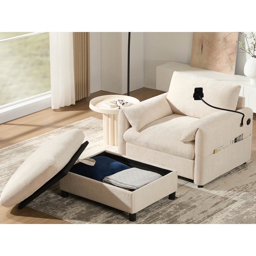 37" Chenille Cloud Chaise Lounge w/ Storage Ottoman & USB Charger