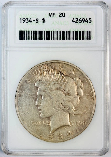 1934 S Peace Dollar ANACS VF-20