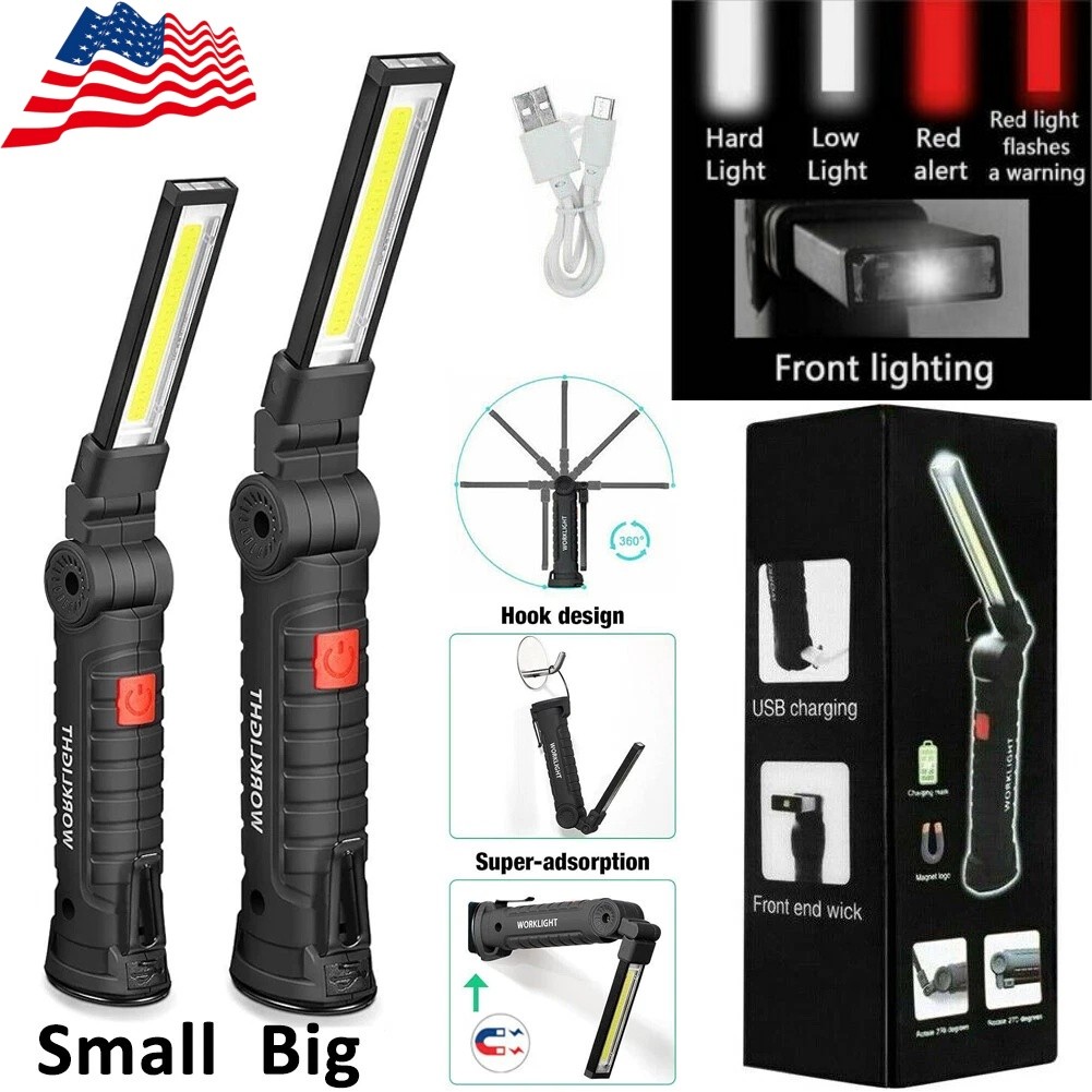 2 Pack Magnetic Base LED COB Work Light Rechargeable Mechanic Torch Flashlight