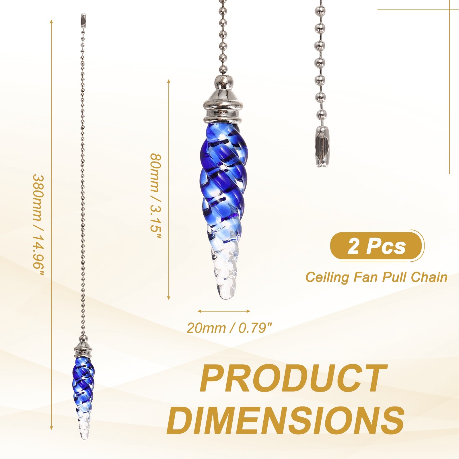 2 Pcs Crystal Ceiling Fan Pull Chain Extender 15 Inch for Light, Blue
