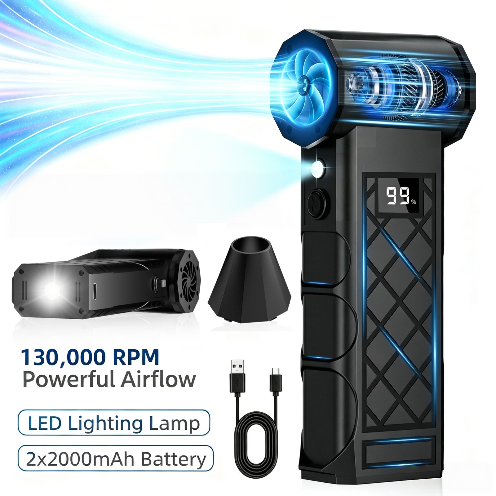 Compressed Air Duster Powerful Turbine Fan 130000RPM Rechargeable， 3 Speed