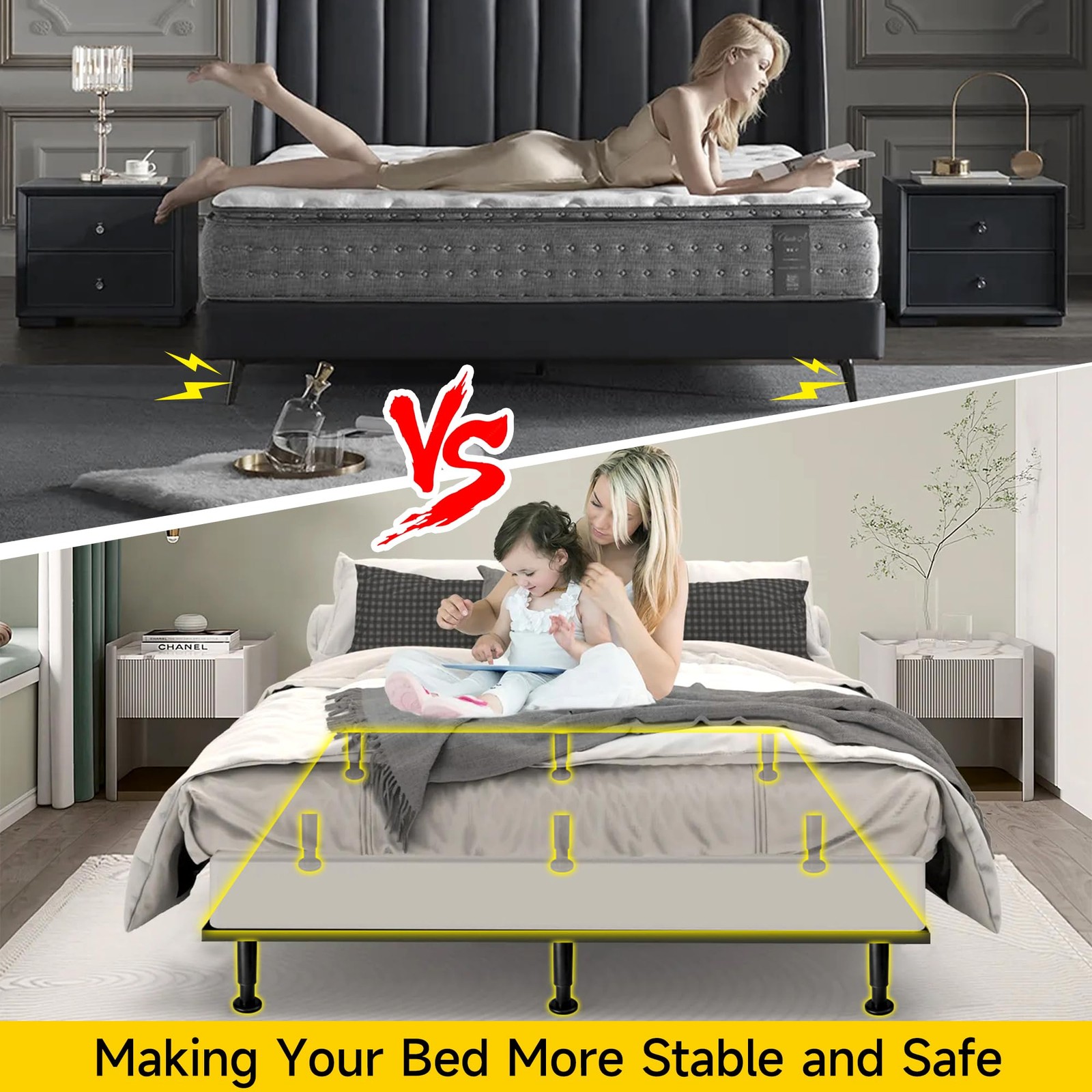 Adjustable Height Bed Frame Replacement Legs with Wider Base, Under Bed Cente...