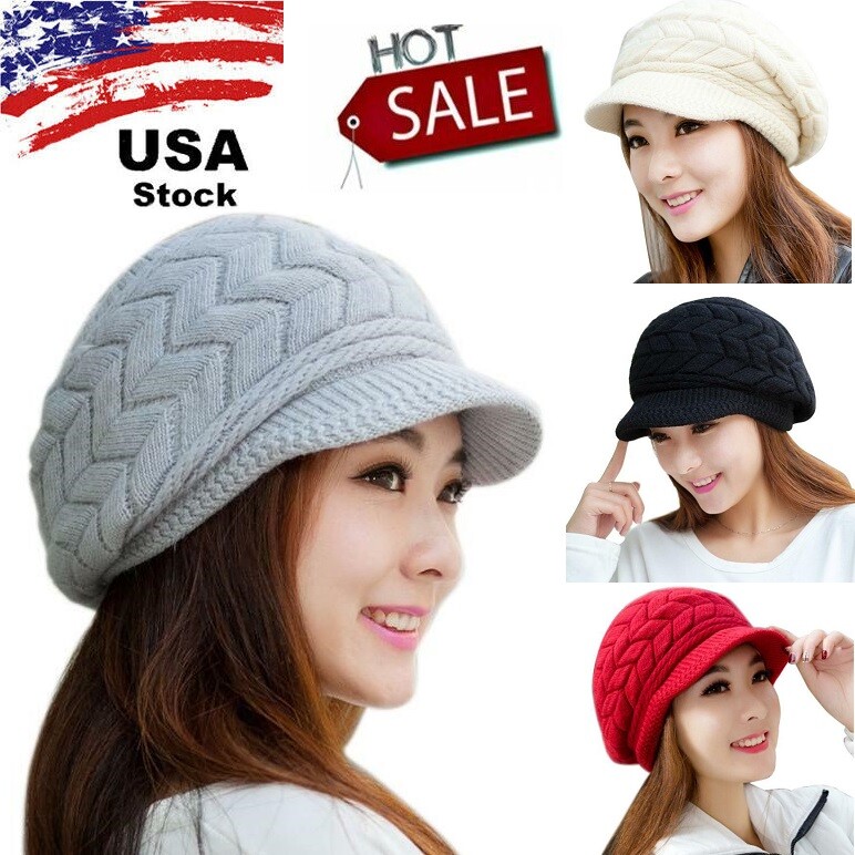Women Ladies Winter Warm Knitted Crochet Slouch Baggy Beanie Hat Ski Brim Cap US