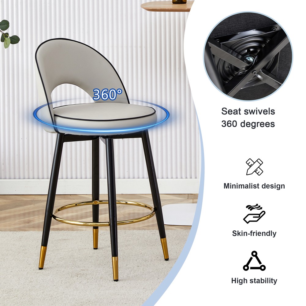 Modern 360 Swivel Barstools Set of 2, Black Faux Leather Bar Chair w/Metal Legs