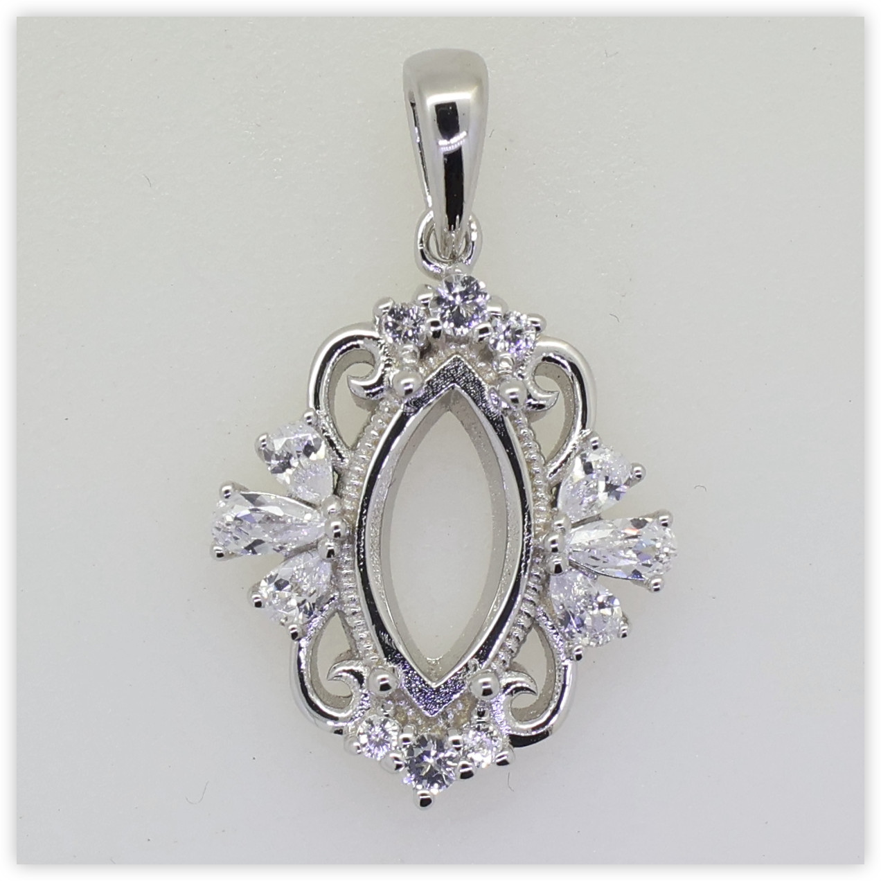 Sterling Silver Semi Mount Pendant Setting Marquise MQ 12x6mm Fleur de Lis
