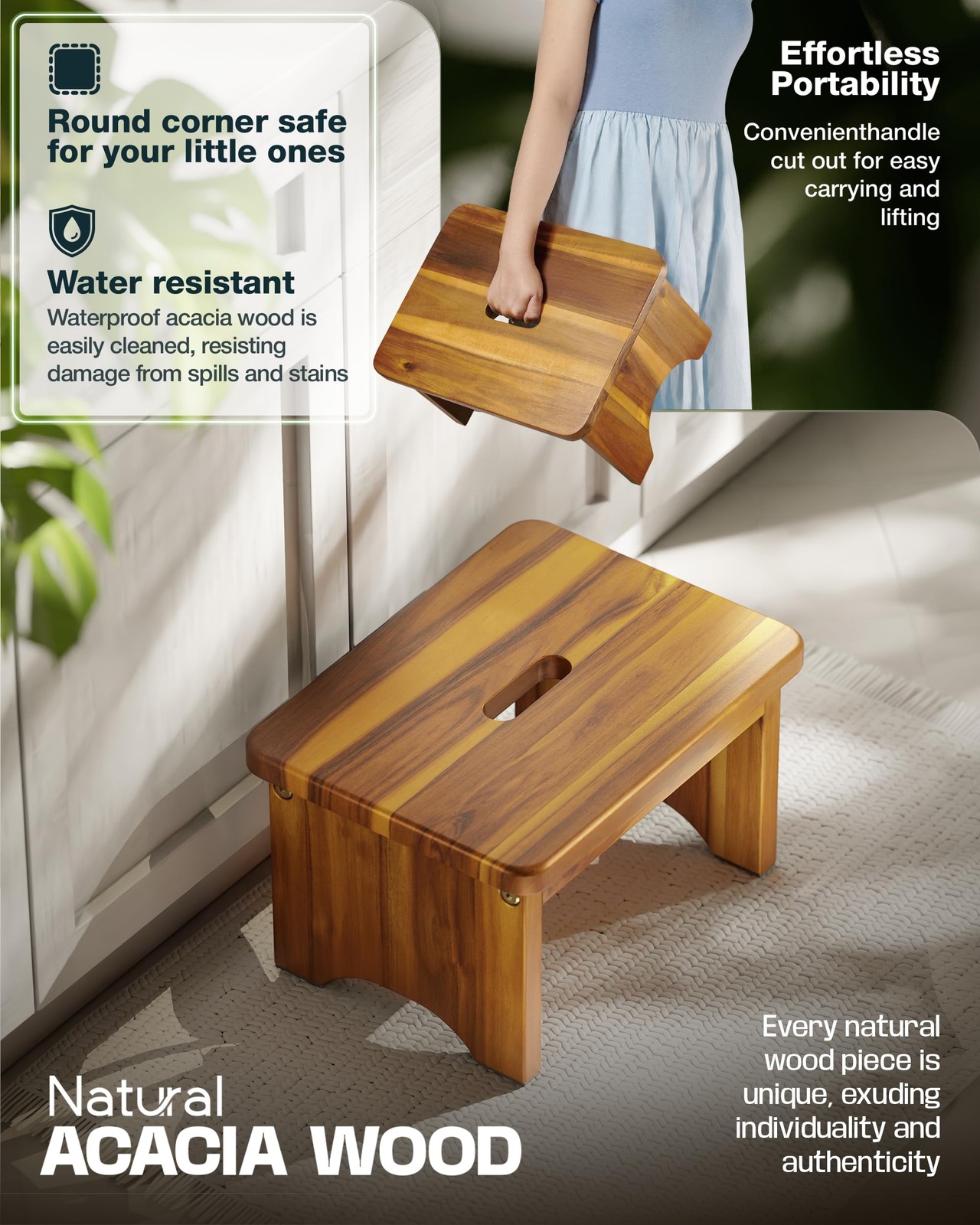 FANATU Wooden Step Stool, 9'' One Stool for 9in Height, Warm Acacia