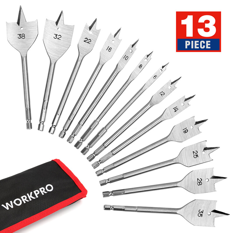 WORKPRO Spade Drill Bit Set 13PC Paddle Flat Bit SAE for Woodworking Nylon Pouch