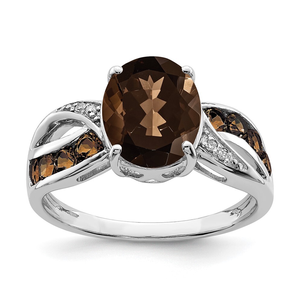 Sterling Silver Rhodium Diamond & Smoky Quartz Ring Size 5