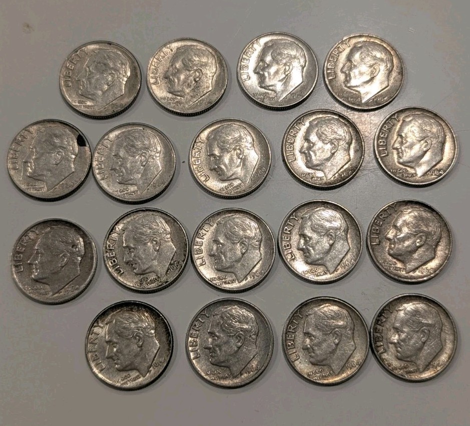 18 x 1964 Silver Roosevelt Dimes - Choice BU / High Luster - 90% Silver