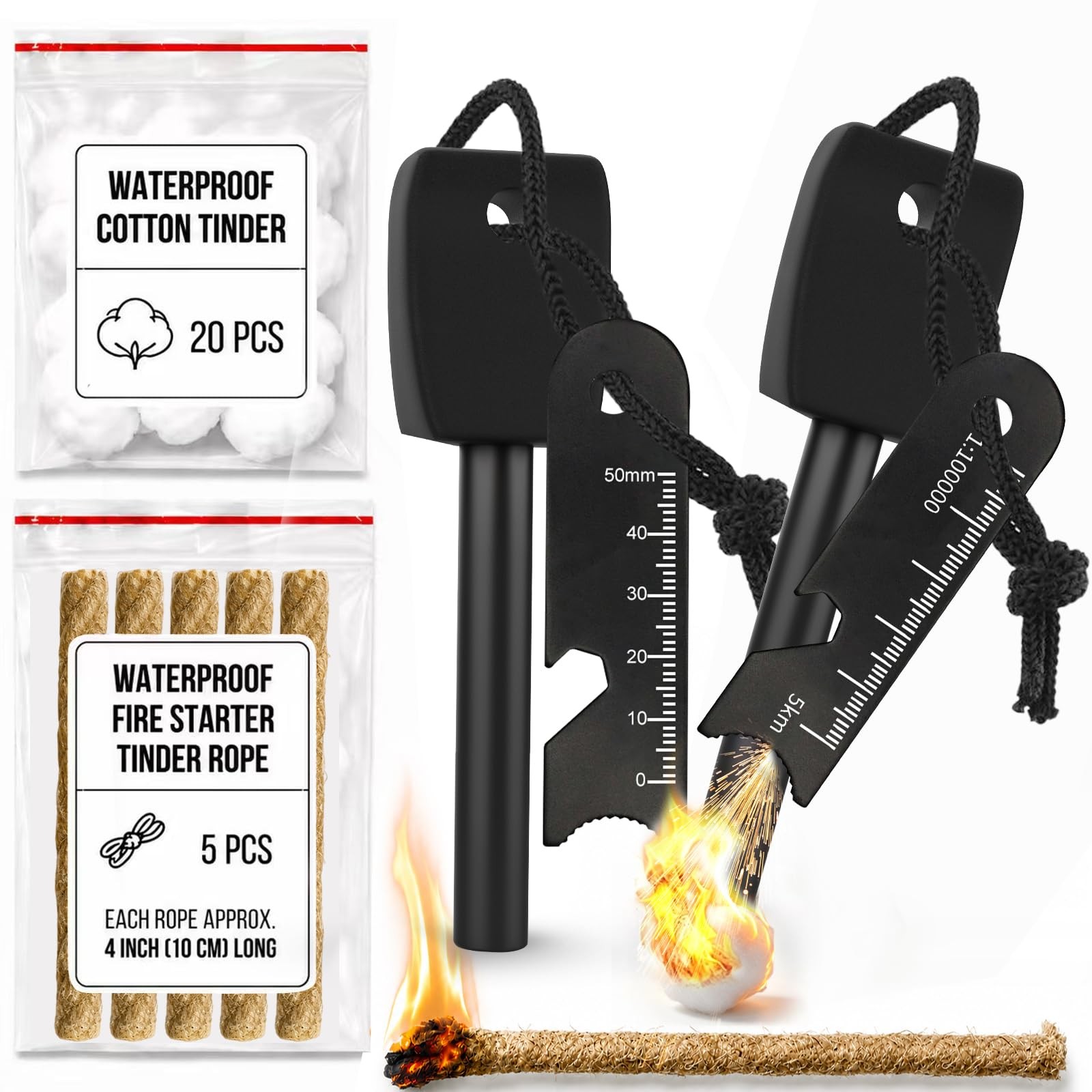 27-Piece Ferro Rod Fire Starter Survival Kit with Striker & Ropes Black