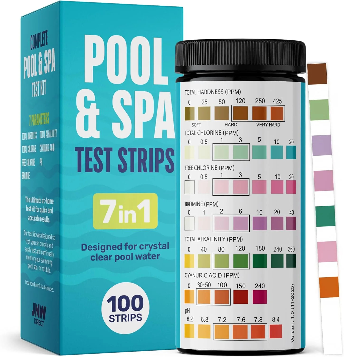 JNW 7-in-1 Pool Test Strips, 100 Quick & Accurate Test Strips for Pool Water, Sp
