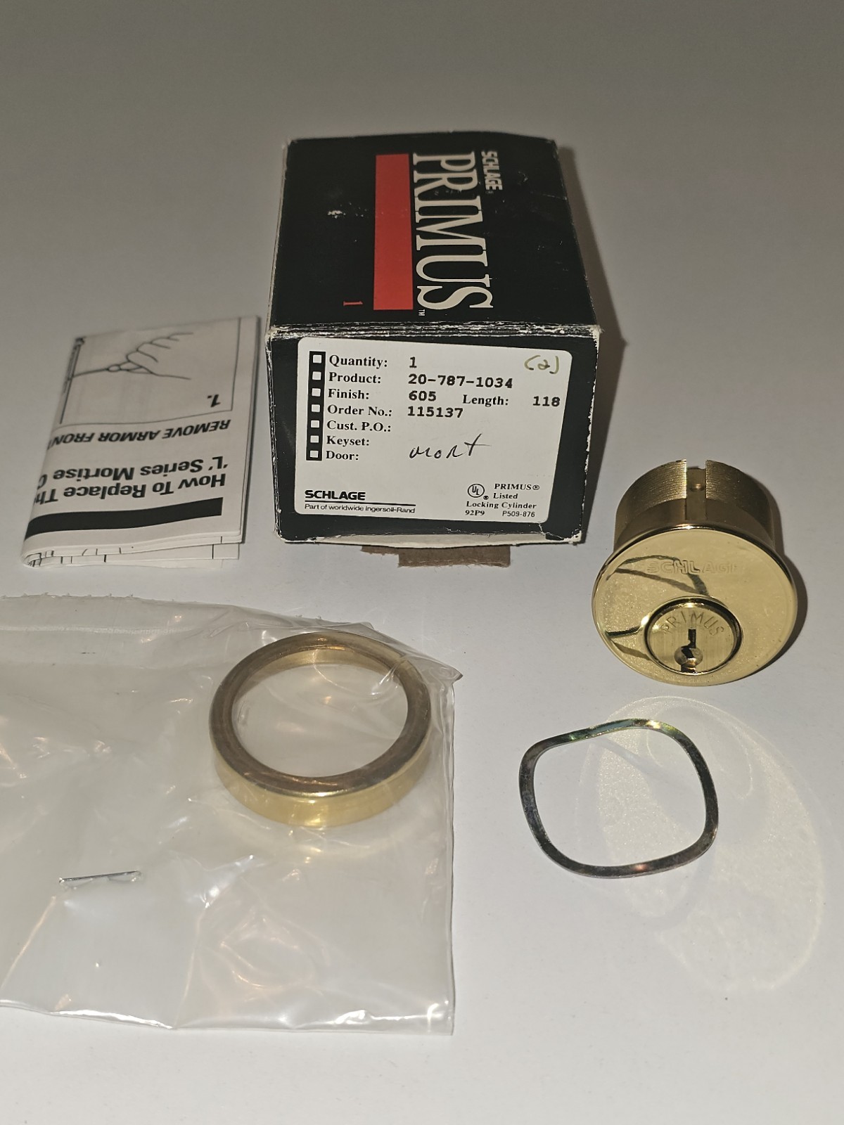 Schlage Primus 20-787-1034 Cylinder High Security Lock NO KEYS