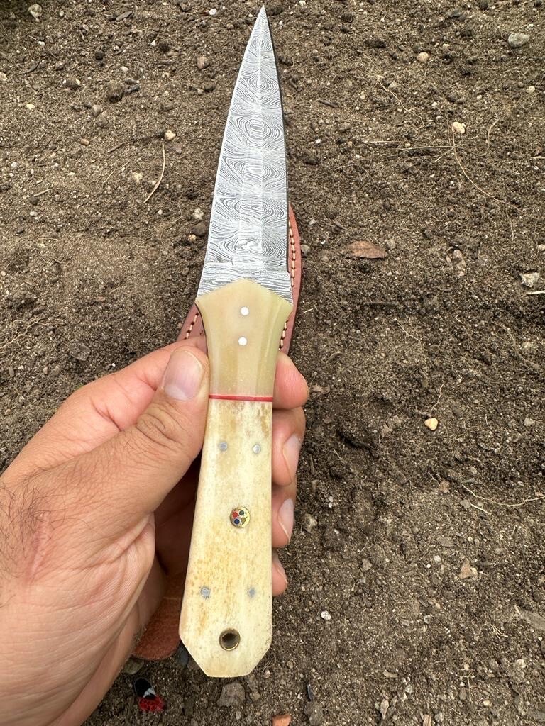 EDC handmade Damascus steel hunting dagger fixed blade boot knife DOUBLE-EDGE
