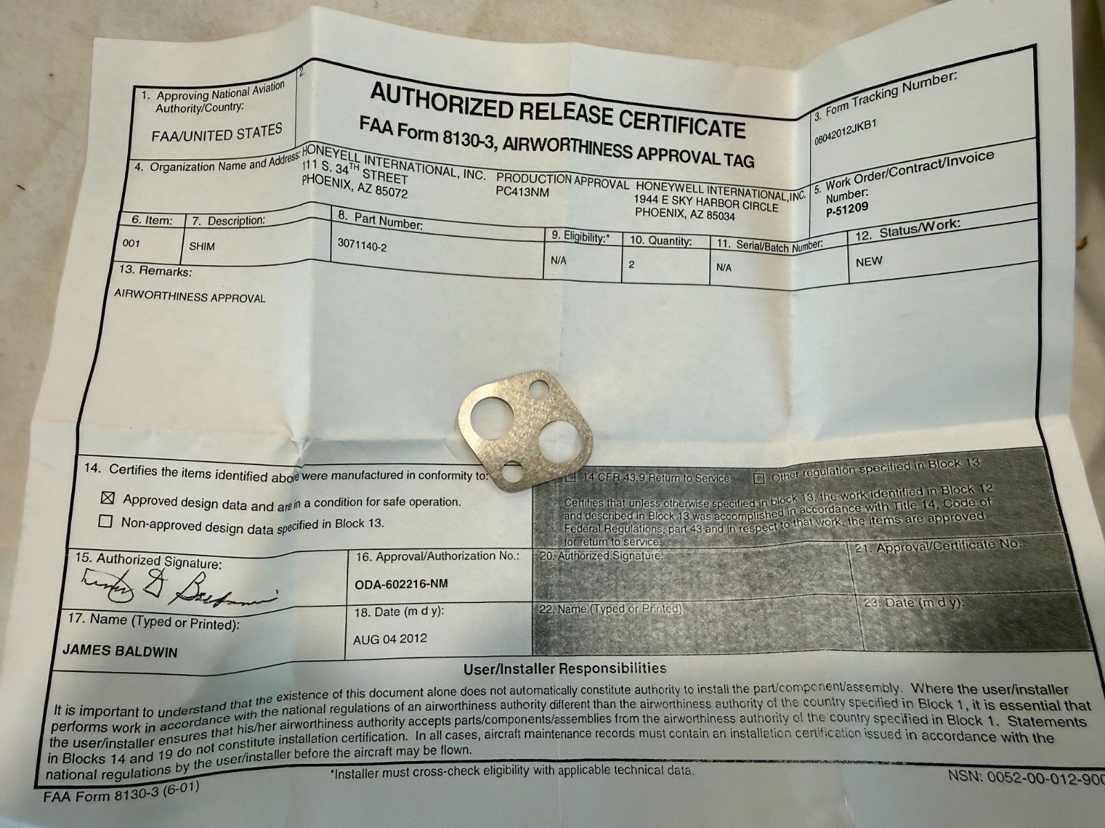 New shim with  8130  P/N  3071140-2