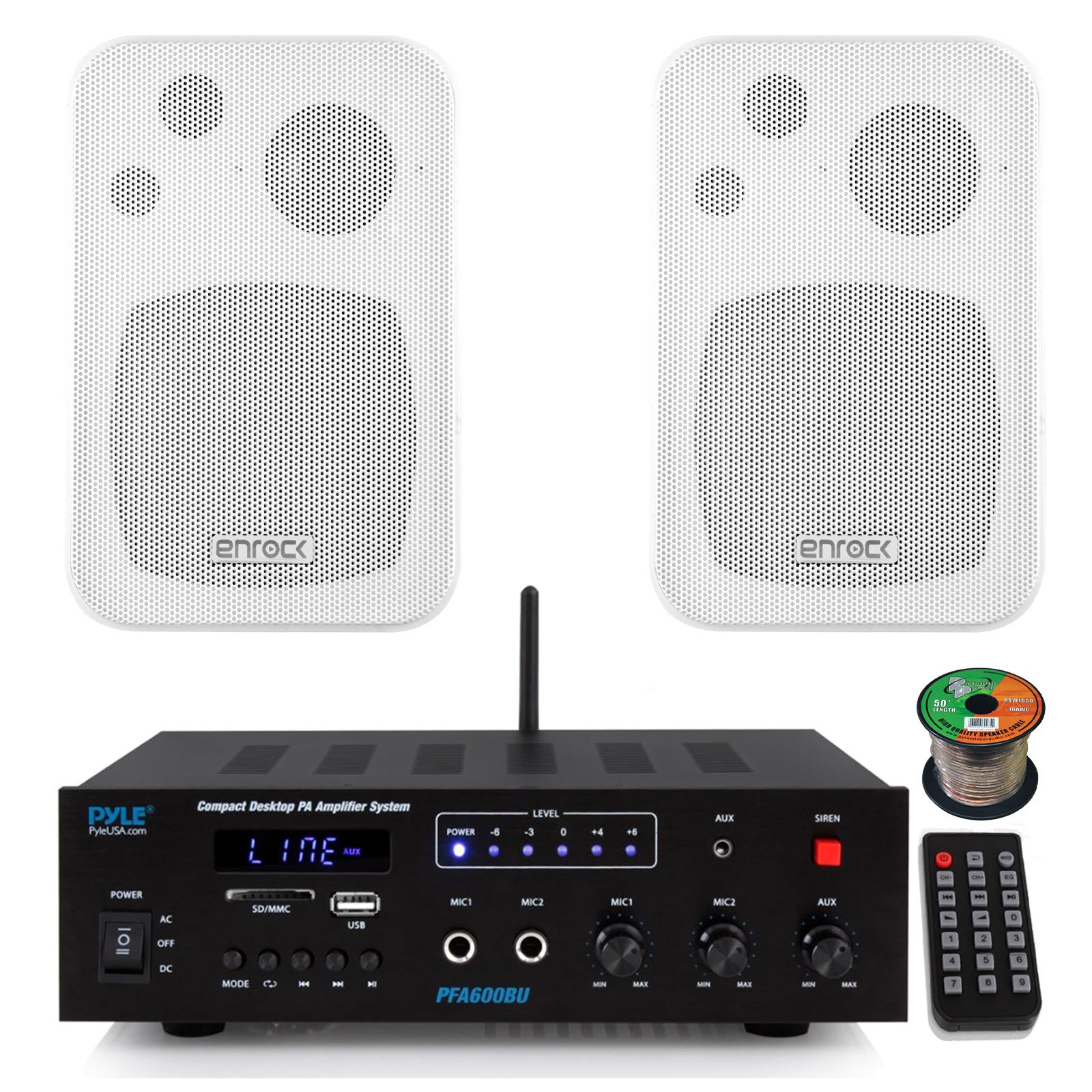 Pyle PFA600BU Bluetooth AUX FM PA Amplifier Receiver, 2x 4" 30W White Speakers