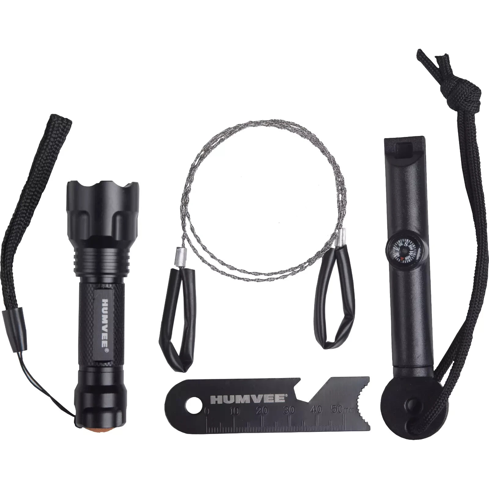 5-piece Humvee Survival Kit Wire Saw Whistle LED Flashlight Fire Starter Compass